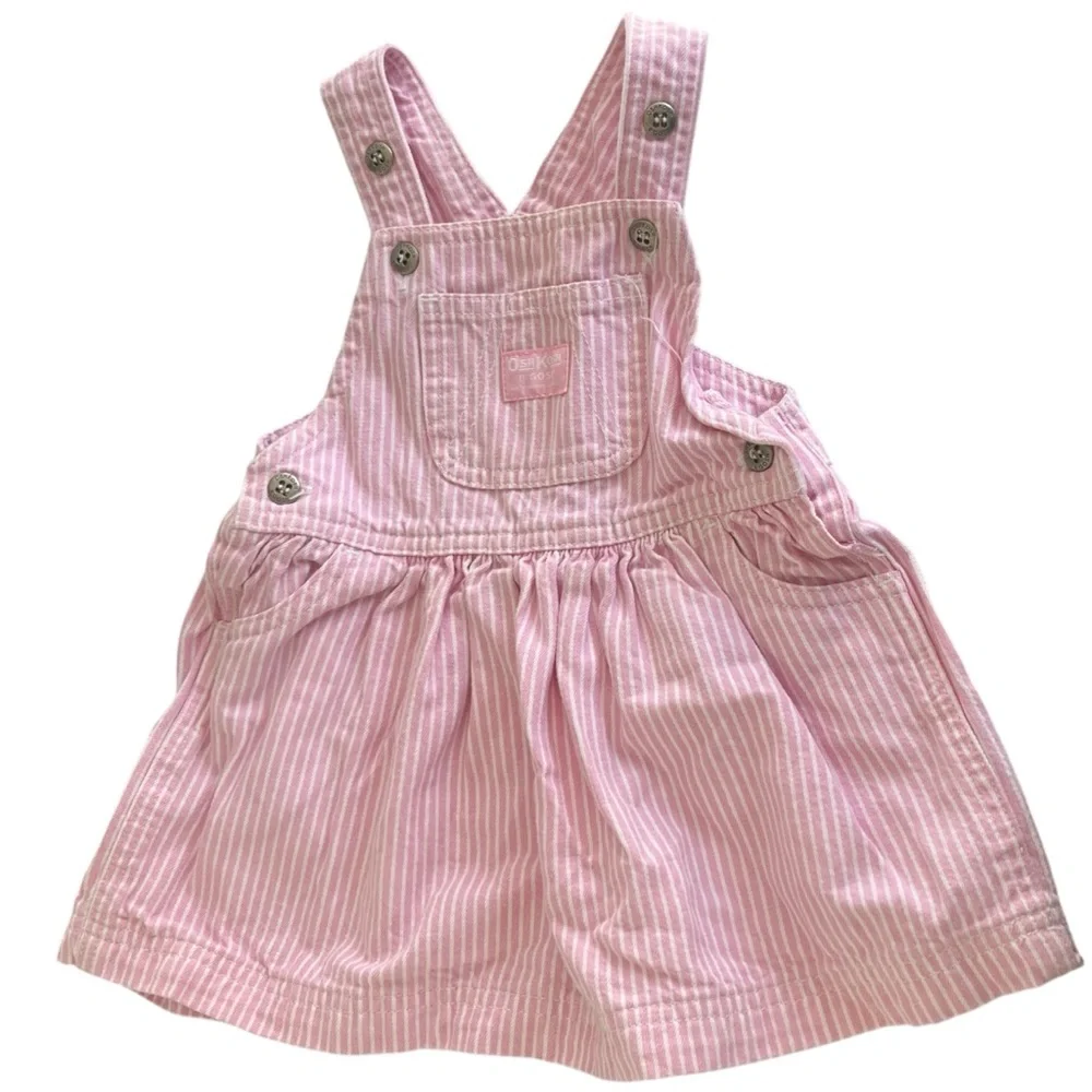 VTG Oshkosh Bgosh Baby Pink White Child Conductor Stripe Overall Dress Size 18M